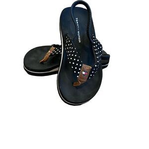 Tommy Hilfiger Sandals Black White Polka Dot Brown Leather Accents Size 8
